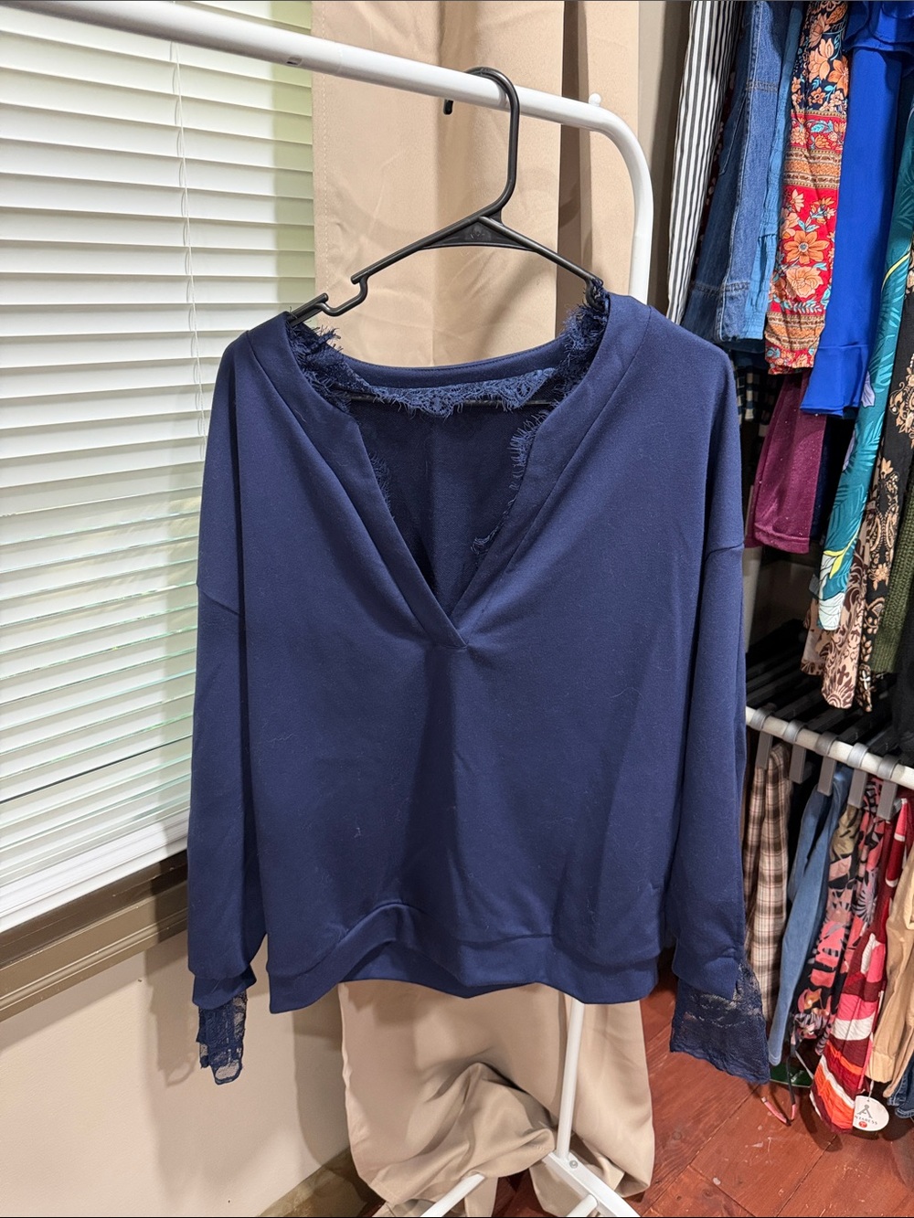 Amazon Navy V-Neck Lace-Trim Sweatshirt